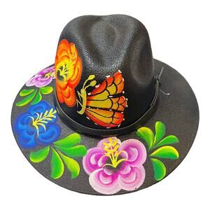 HAT MEXICAN Artisanal Hand Painted Fedora Floral Sombrero Panama Bohemian Black